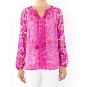 Elie Tahari Womens Tara Silk Floral Print with Lace Blouse  Size XL  Extra Large